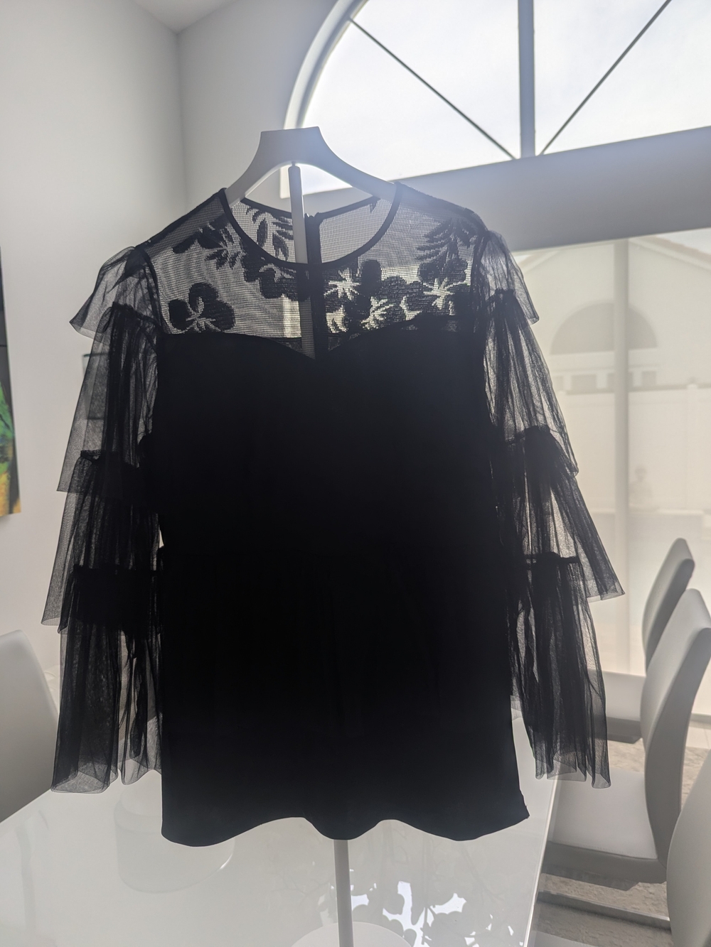 Black Sheer Floral Tiered Sleeve Blouse